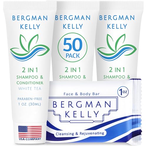 BERGMAN KELLY Rectangle Soap Bars, 2in1 Shampoo & Conditioner 2-Piece Set (White Tea, 1 oz each, 100 pc), Delight Your Guests with Revitalizing Beauty & Personal Care BERGMAN KELLY