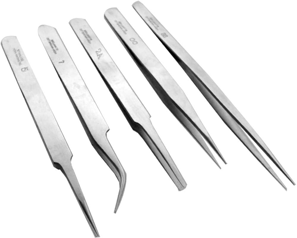 JEWEL TOOL 5 Piece Stainless Steel-Non Magnetic Tweezer Set - Ideal for Electronic Parts - Sharp and Pointed Tips - Protective Caps - Custom Fit Case Beauty and Personal Care JEWEL TOOL