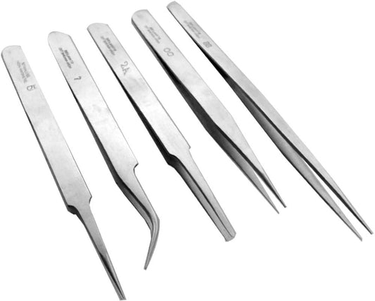 JEWEL TOOL 5 Piece Stainless Steel-Non Magnetic Tweezer Set - Ideal for Electronic Parts - Sharp and Pointed Tips - Protective Caps - Custom Fit Case Beauty and Personal Care JEWEL TOOL