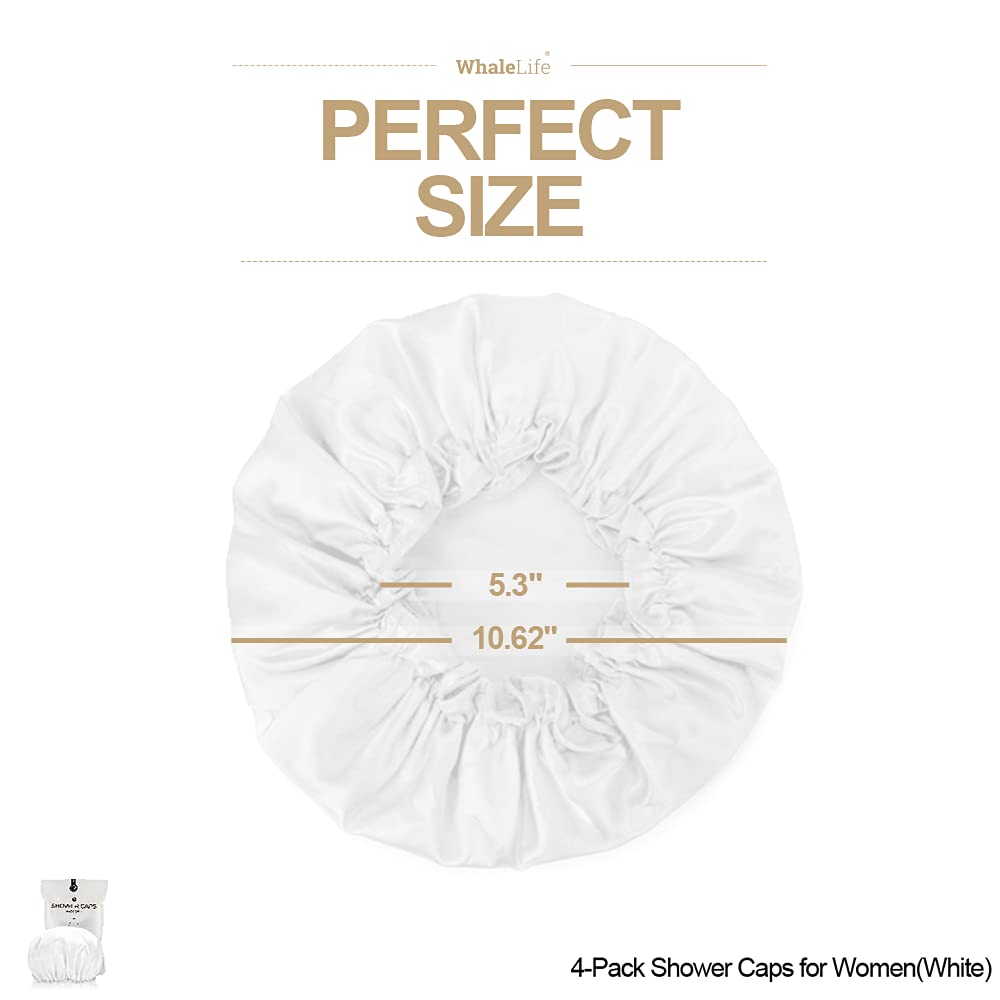 Shower Cap for Women Reusable Extra Large Shower Cap for Men (White 4 Pack Large) Satin Double Layer EVA Waterproof Long Hair Cap Beauty & Personal Care WhaleLife