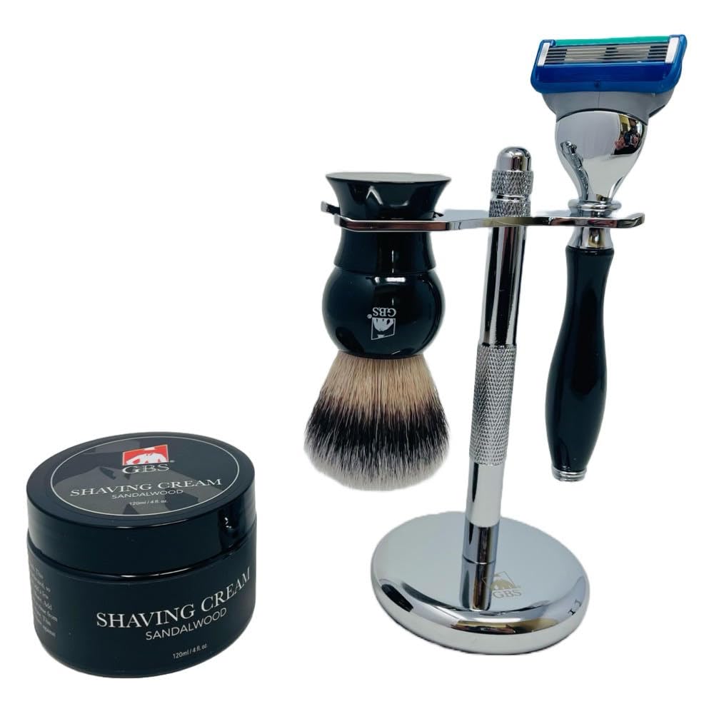 G.B.S 4 Piece Shaving Set, 5 Blade Cartridge Compatible Black Handle Razor, Black Shaving Brush Synthetic, Shave Razor and Brush Stand, Sandalwood Beauty and Personal Care G.B.S