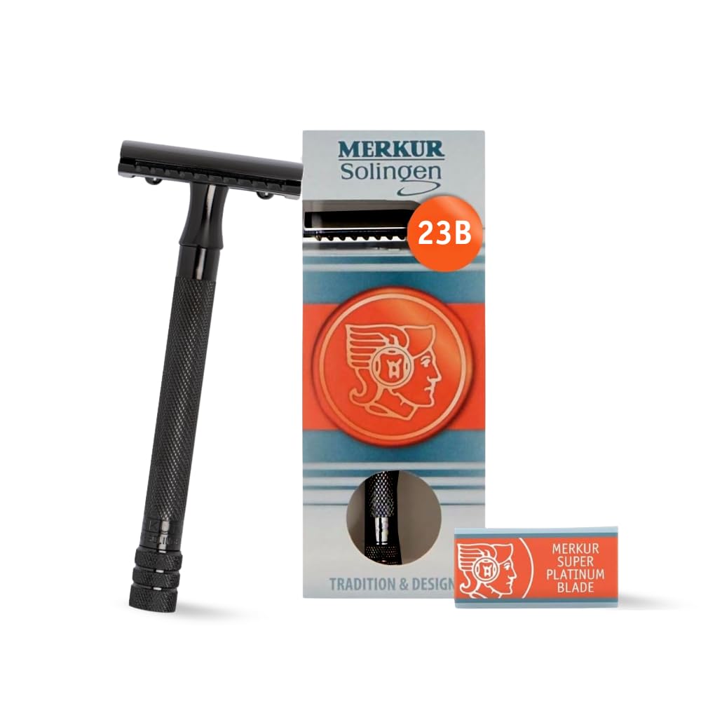 MERKUR 23B Double Edge Safety Razor - Black Long Knurled Brass Handle Made in Germany Plastic-Free Three Piece Design Closed Comb Straight Bar Beauty and Personal Care MERKUR