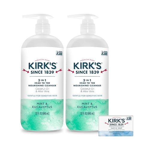 Kirk's Mint and Eucalyptus 3-in-1 Nourishing Cleanser and Travel Bar Soap, Shampoo Body Wash Bubble Bath, Coconut Oil and Aloe Vera, Vegan Non-GMO, 32 Beauty & Personal Care Kirk's