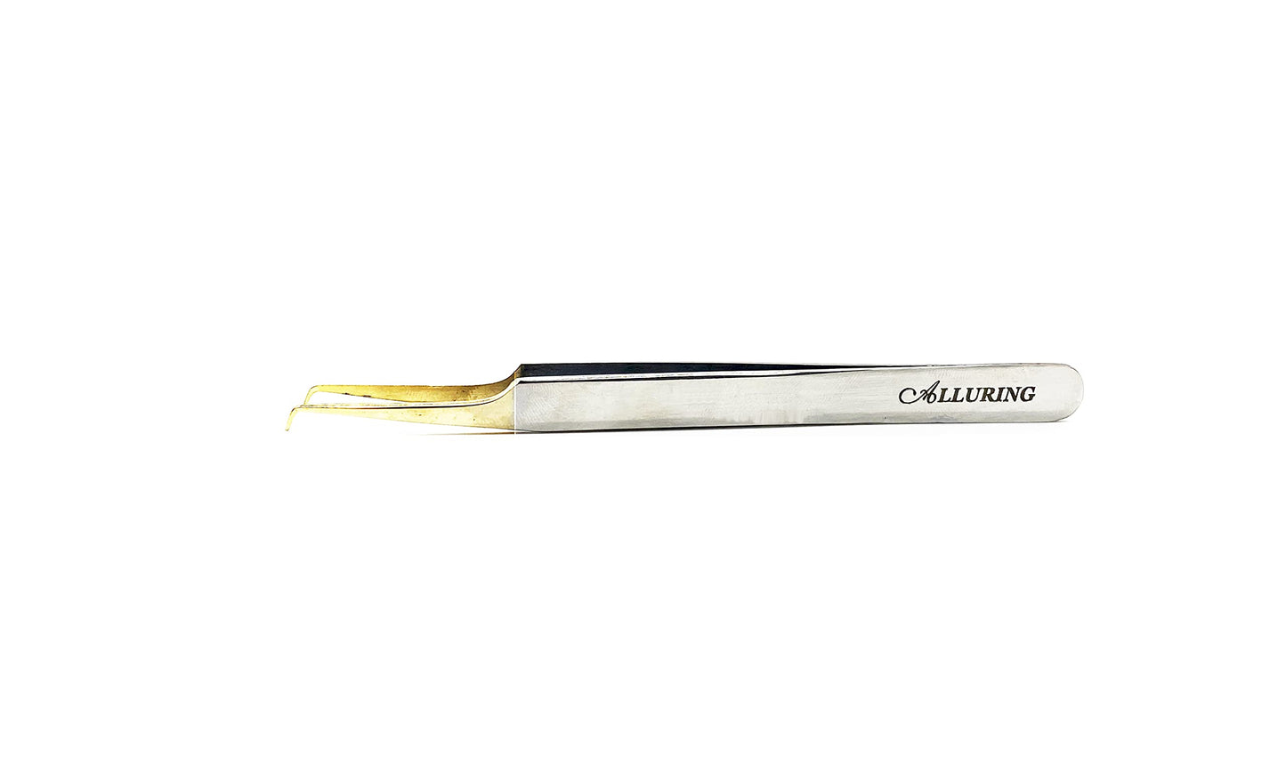 Alluring Chrome with Gold Tip Tweezers for Eyelash Extension - 90 Deg Short tips Beauty and Personal Care Alluring