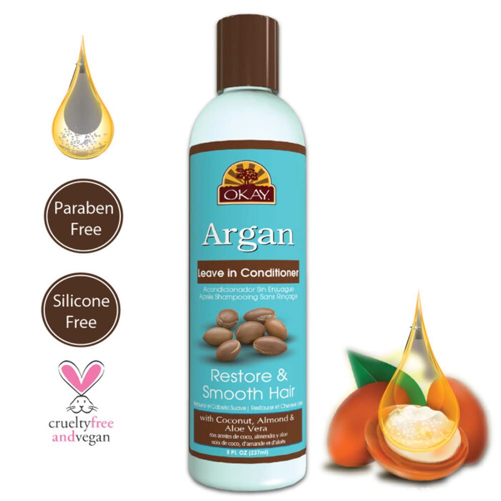 OKAY | Argan Leave In Conditioner | For All Hair Types & Textures | Restore, Hydrate & Smooth Hair | With Coconut, Almond, & Aloe Vera | Free Beauty & Personal Care OKAY