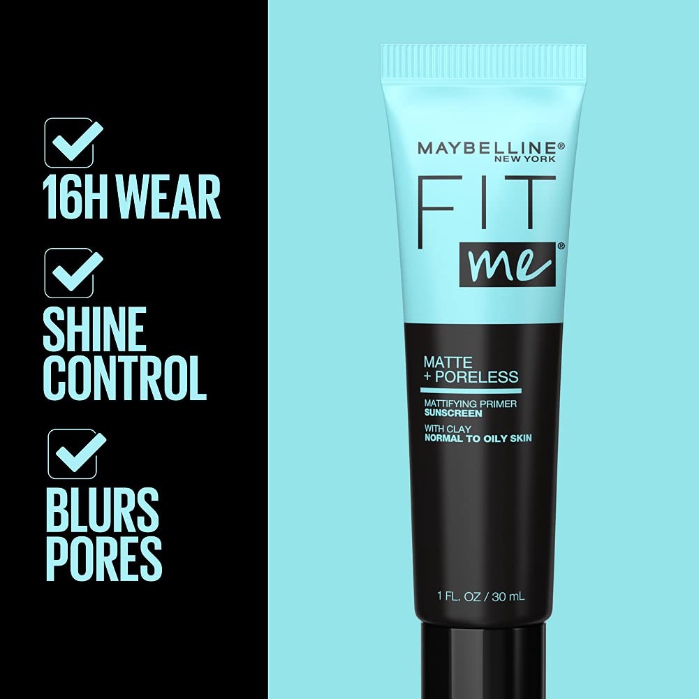 Maybelline Fit Me Matte + Poreless Mattifying Face Primer Makeup With Sunscreen, Broad Spectrum SPF 20, 16HR Wear, Shine Control, Clear, 1 Count Beauty & Personal Care MAYBELLINE