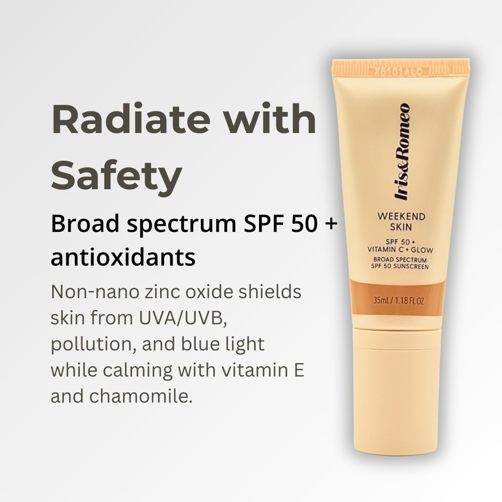 IRIS&ROMEO Weekend Skin SPF 50 - Warm Glow, Mineral Sunscreen with Vitamin C & Niacinamide for Dewy Golden Finish, 1.18 fl oz