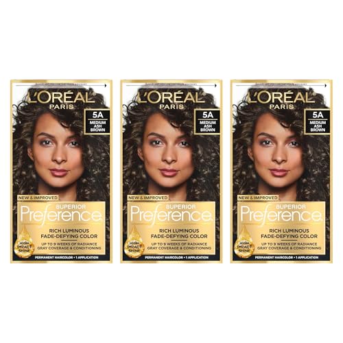 L'Oreal Paris Superior Preference Fade-Defying + Shine Permanent Hair Color, 5A Ash Brown, Pack of 3, Hair Dye