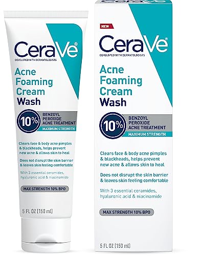 CeraVe Acne Foaming Cream Wash, Gentle Face and Body Cleanser with Benzoyl Peroxide 10%, Hyaluronic Acid, and Niacinamide, 10% Benzoyl Peroxide Beauty and Personal Care CeraVe Default Title