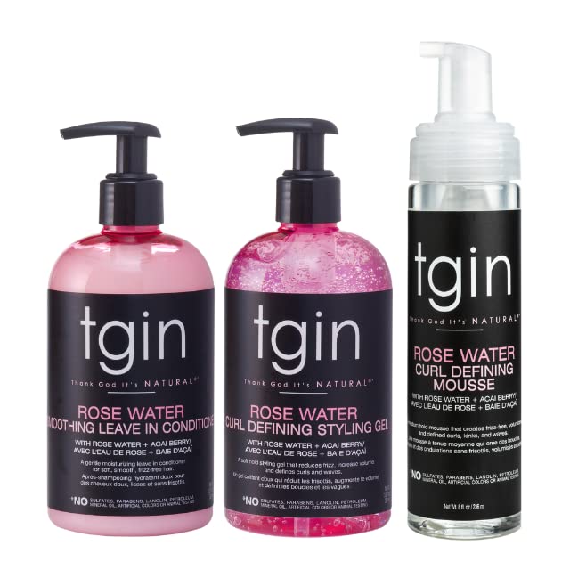 tgin The Styling Package: Rose Water Leave In Conditioner, Defining Gel and Mousse - Gift Set - Curls - Color safe - Wavy - Detangle - Low Porosity Beauty & Personal Care Thank God It's Natural
