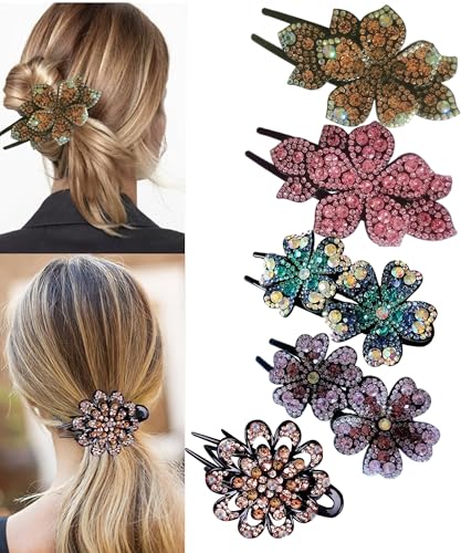 5 Pcs double flower decorative jeweled rhinestone hair clip pretty fancy floral thick crystal hair clips for women beautiful fashion designer asian Beauty & Personal Care LJC-20