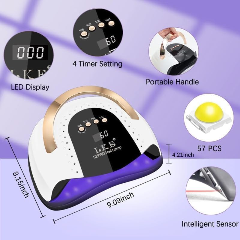 LKE 268W UV LED Nail Lamp for Pro Salon & Home Use with Auto-Sensor, White