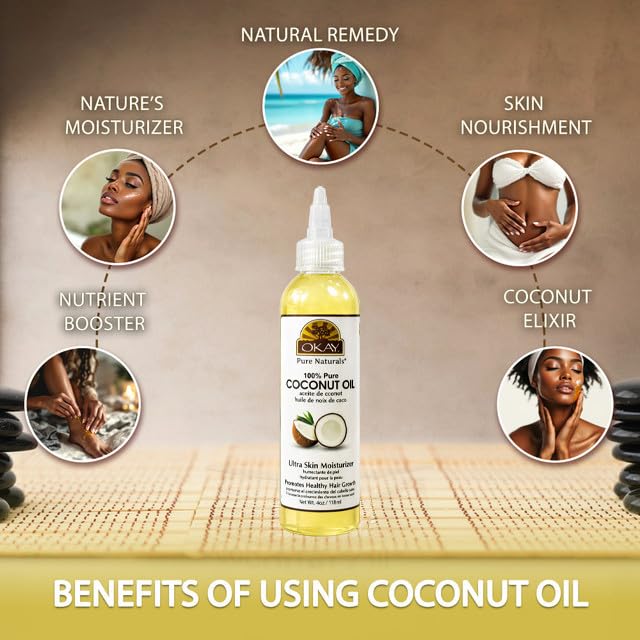 OKAY 100% Pure Coconut Oil for Hair & Skin - Coconut Oil for Women & Men, Perfect for Hair & Body, for Massage & Moisturizer, Natural - 4 fl oz Beauty & Personal Care OKAY