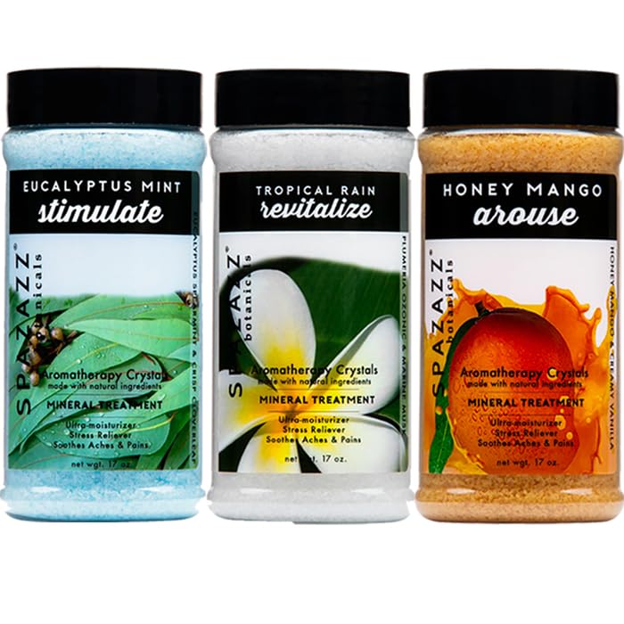 Spazazz Hot Tub Aromatherapy Bath Salt Crystals 3-Pack Bundle - Eucalyptus Mint Stimulate - Tropical Rain Revitalize - Honey Mango Arouse - Botanicals Beauty and Personal Care SPAZAZZ SPA BOMBZZ