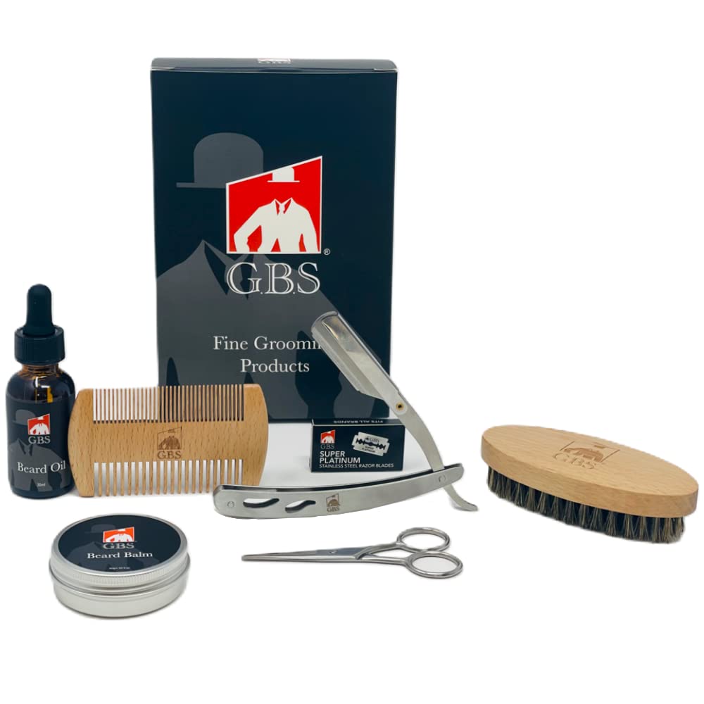 G.B.S Men’s Beard Care grooming Kit style shape Maintain Beard - Scissors Stainless Barber Shavette 2 sided comb Boar beard brush + Blades Beauty and Personal Care G.B.S