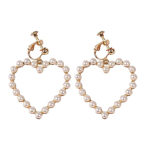 DoubleNine Wedding Bridal Earrings Clips No Piercing Heart Hoop Cute Beads Gold Minimal Love Sweet Jewelry for Women Girls Beauty & Personal Care Doubnine