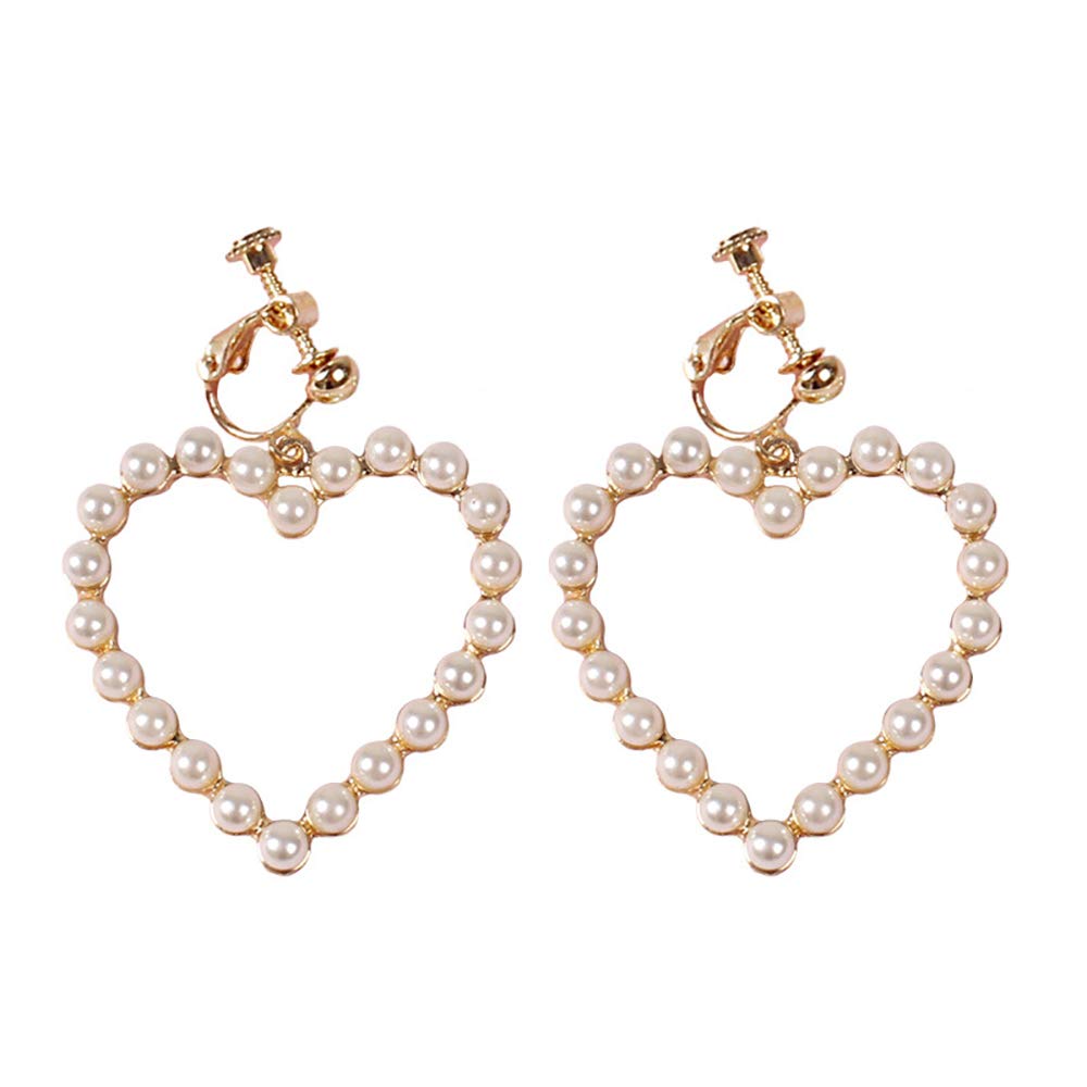 DoubleNine Wedding Bridal Earrings Clips No Piercing Heart Hoop Cute Beads Gold Minimal Love Sweet Jewelry for Women Girls Beauty & Personal Care Doubnine