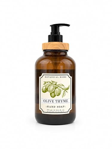 Botanical Home Hand Soap Collection 576ml | 19.5 fl oz | Infused with Essential Oils |Amber GLASS BOTTLE | Olive Thyme Beauty & Personal Care Home & Body Company