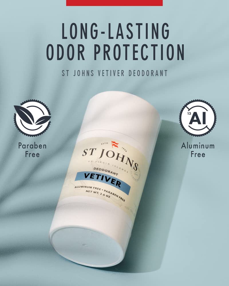 St Johns Vetiver Aluminum Free Deodorant - Long-Lasting, Odor Resistant & Soothing Clear Deodorant Stick - Natural Compounds - Men's 2.6 oz Stick Beauty and Personal Care St. John