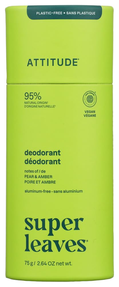 ATTITUDE Plastic-Free Natural Deodorant, Aluminum-Free, Baking Soda Formula, EWG Verified, Vegan, Long-Lasting Odor Protection, Pear & Amber, 2.64 Oz Beauty and Personal Care ATTITUDE