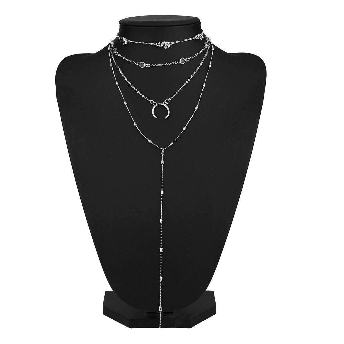DoubleNine Bohemian Multilayered Necklace Layering Elephant Horn Moon Choker Long Chain Jewelry Accessories for Women Girl (silver) Beauty & Personal Care Doubnine