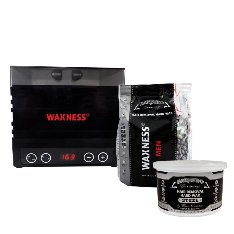 Waxness Barbero All-in-One Hard Wax Kit with W-CUBE Wax Warmer, 2 lb (900 g) Stripless Hard Wax - Professional Hair Removal for Coarse Hair - Made in Beauty and Personal Care Waxness