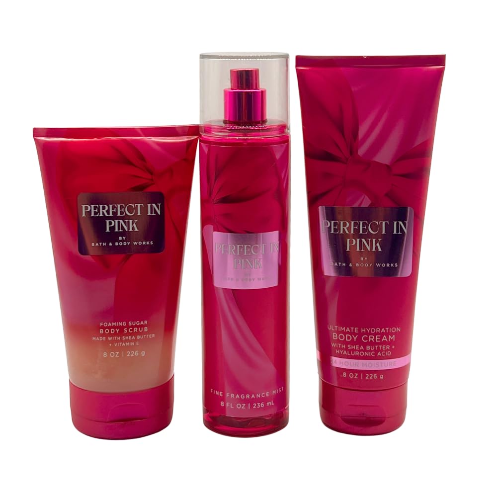 Bath & Body Works PERFECT IN PINK Fine Fragrance Mist, Ultimate Hydration Body Cream & Foaming Sugar Body Scrub 3-piece Gift Set with a Blue Bow Beauty and Personal Care Bath & Body Works