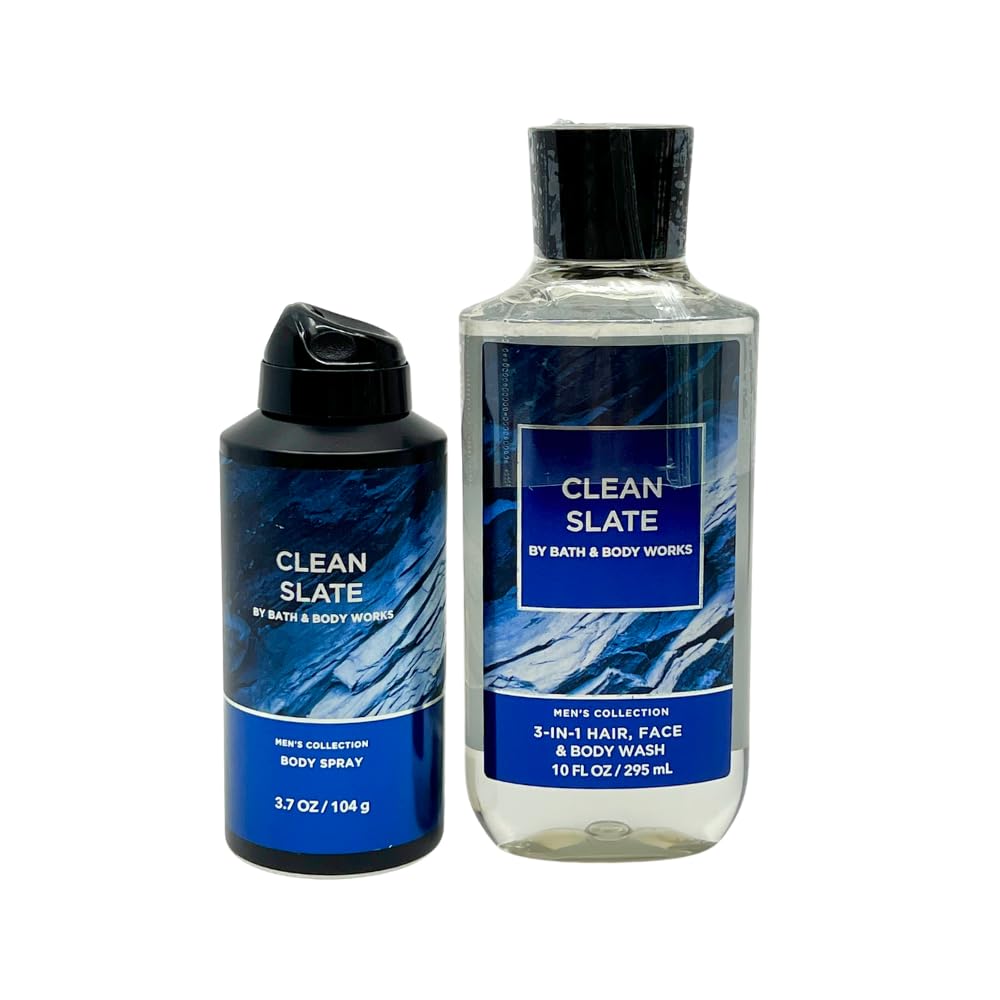 Bath & Body Works CLEAN SLATE 2pc bundle gift set for Men with a Blue Bow for Holidays & Gifts - Body Wash & Body Spray Beauty and Personal Care Bath & Body Works