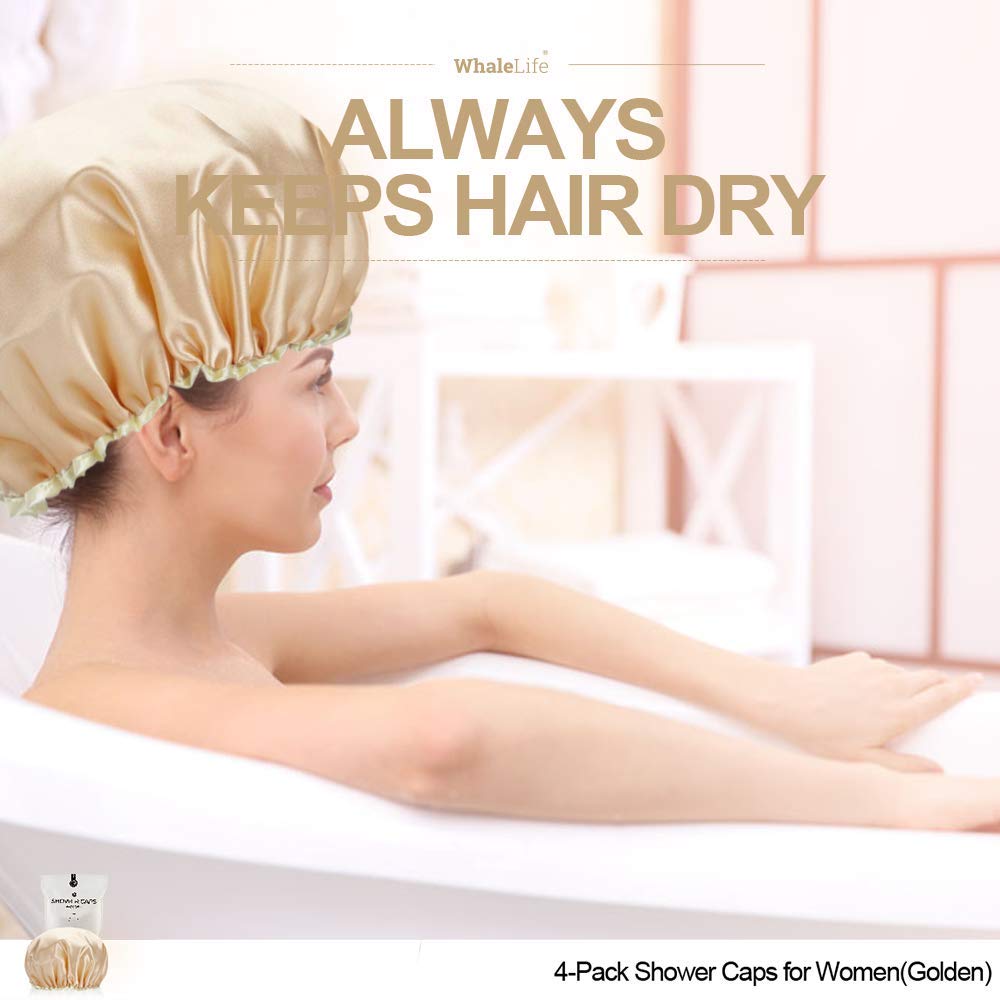 Shower Cap for Women Reusable Extra Large Shower Cap for Men (Golden 4 Pack Large) Satin Double Layer EVA Waterproof Long Hair Cap Beauty & Personal Care WhaleLife