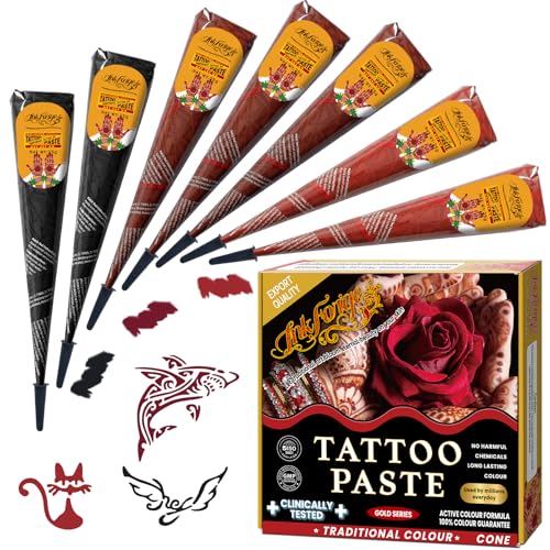 7 Pcs Temporary Tattoo Cone Kit, Tattoo Cones 3 Color (2 Black,2 Cherry Red,3 Reddish-Brown) ?India Body Art Skin Paint Tattoos Paste for Women, Men Beauty and Personal Care InkForge Default Title