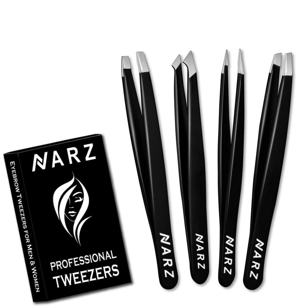NARZ 4Pcs Professional Tweezers for Women Facial Hair Stainless Steel Precision Tweezers for Ingrown Hair Eyebrow Tweezer for Men & Women (Black Set) Beauty & Personal Care NARZ