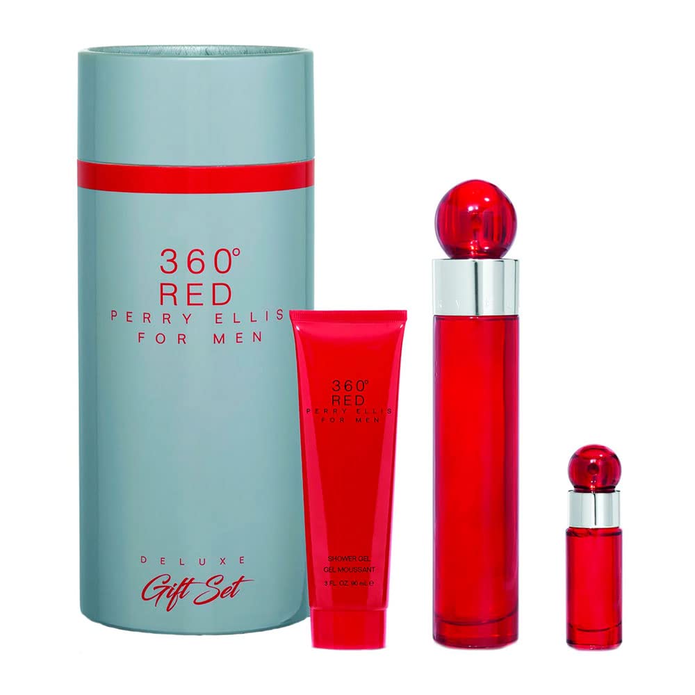 Perry Ellis 360 Red Men 3.4oz EDT Spray, 7.5ml EDT Mini Spray, 3oz Shower Gel 3 Pc Gift Set