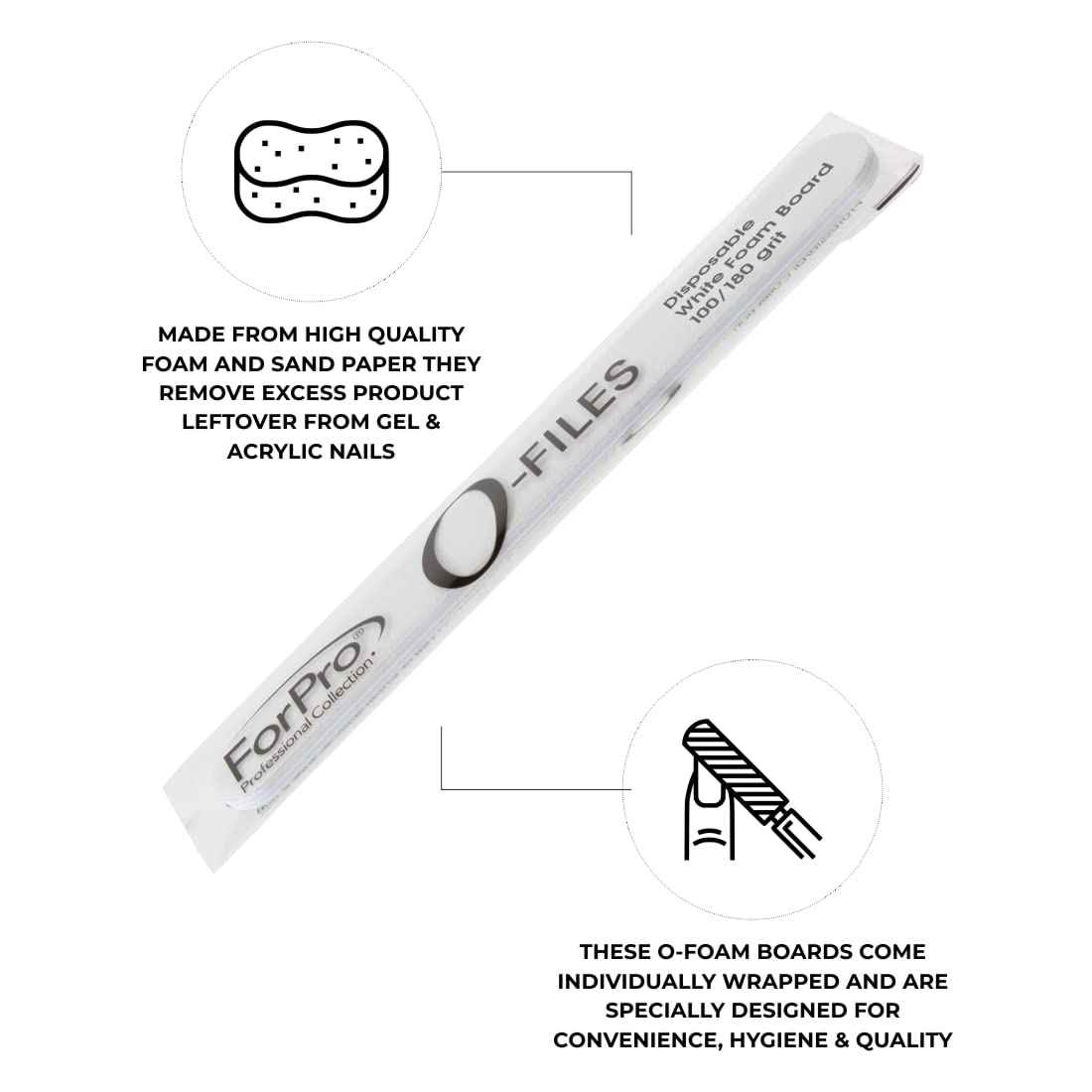 ForPro Professional Collection O-Files Foam Board, Double-Sided Manicure Nail File, 100/180 Grit, Individually-Wrapped, 6" L x .75" W, White Beauty & Personal Care ForPro Professional Collection