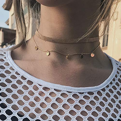 DoubleNine Disc Choker Silver Sequins Coin Bohemian Necklace Layered Delicate Collar for Women Bride Girls Beauty & Personal Care Doubnine