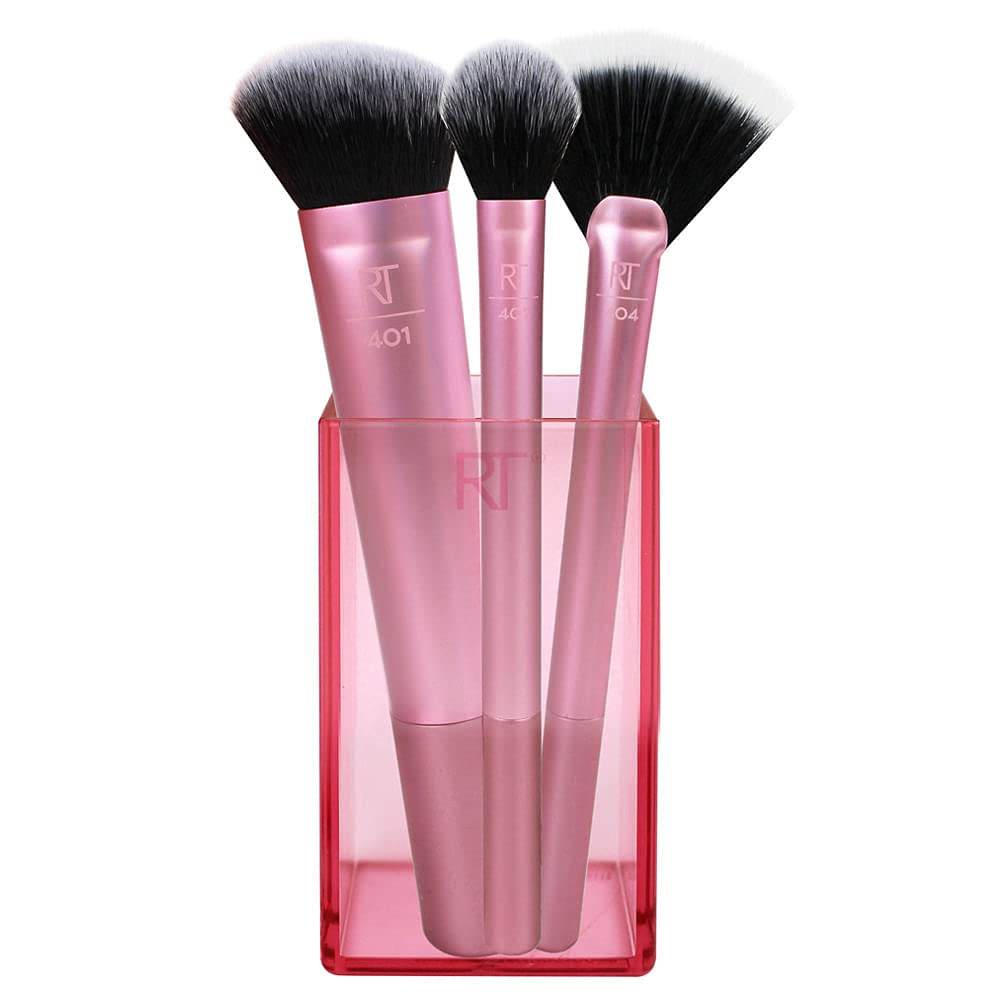 Real Techniques Cruelty Free Sculpting Set, Includes Fan or Setting Brush & Brush Cup, Synthetic Bristles, Pink, 4 Piece