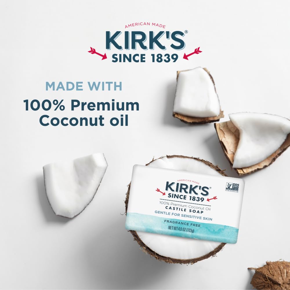 Kirk's Castile Bar Soap for Men, Women & Children - Made with Premium Coconut Oil, Sensitive Skin Formula, Vegan, Non GMO, Fragrance Free, 4 oz. Bars Beauty & Personal Care Kirk's