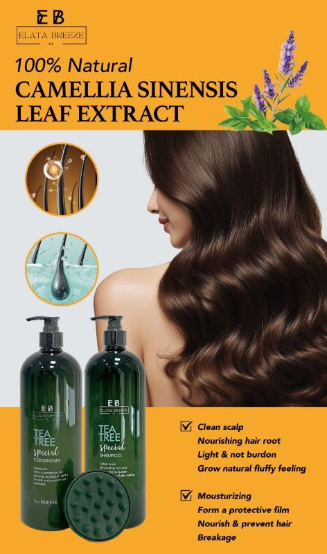 Peppermint Tea Tree Special Shampoo and Conditioner Set (33.8 0z)- Elata de Breeze with Scalp Massager Brush | Soothes Itchy Scalp, Deep Cleans Beauty & Personal Care Elata De Breeze
