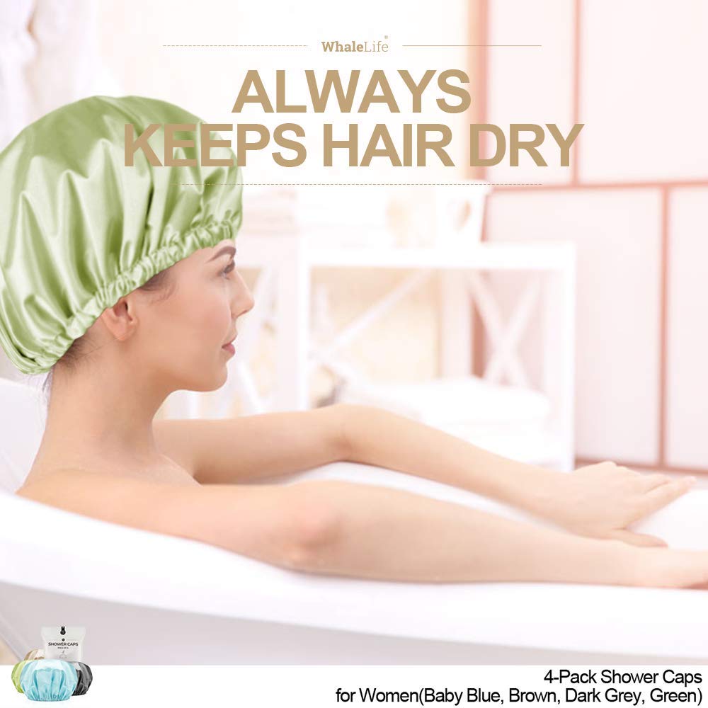 Shower Cap for Women Reusable Extra Large Shower Caps for Men Satin Double Layer EVA Waterproof Long Hair Caps(Baby Blue, Brown, Dark Grey, Green 4 Beauty & Personal Care WhaleLife