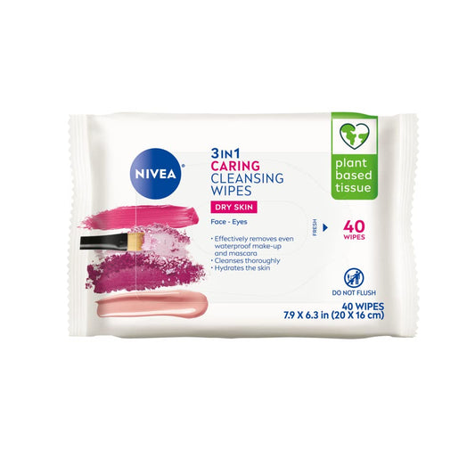 NIVEA 3in1 Caring Cleansing Wipes for Face and Eyes, Effective as a Waterproof Makeup Remover, Gentle Facial Cleanser for Dry and Sensitive Skin, 40 Beauty & Personal Care NIVEA