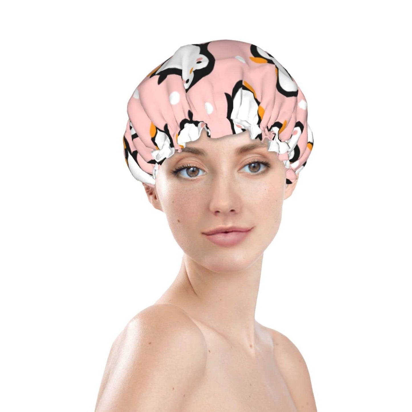 Cute Animal Penguin Shower Cap For Women Adjustable Double Waterproof Layers Bathing Shower Hat Hair Protection Reusable Ladies Spa Salon Shower Hat Beauty and Personal Care SUYGGCK