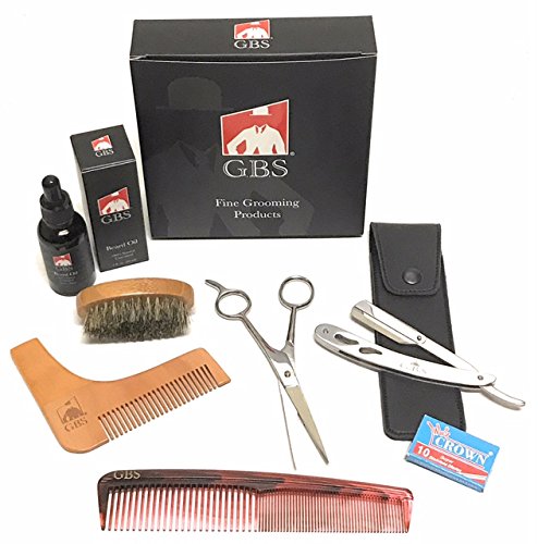 G.B.S Beard Growth Professional Kit- 5.5” Scissors, Beard Oil, Boar Bristle Beard Brush, shavette, 7" Dressing Comb, Leather Case + Blades Beauty and Personal Care G.B.S