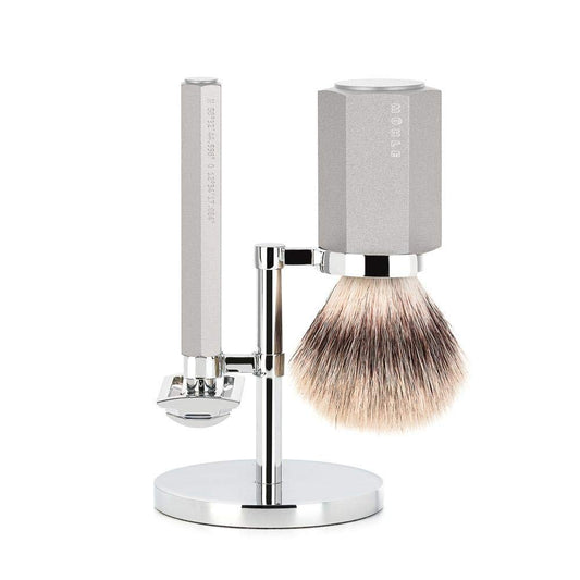MÜHLE HEXAGON Anodised Silver Silvertip Fiber 3-Piece Shaving Set Beauty and Personal Care MÜHLE
