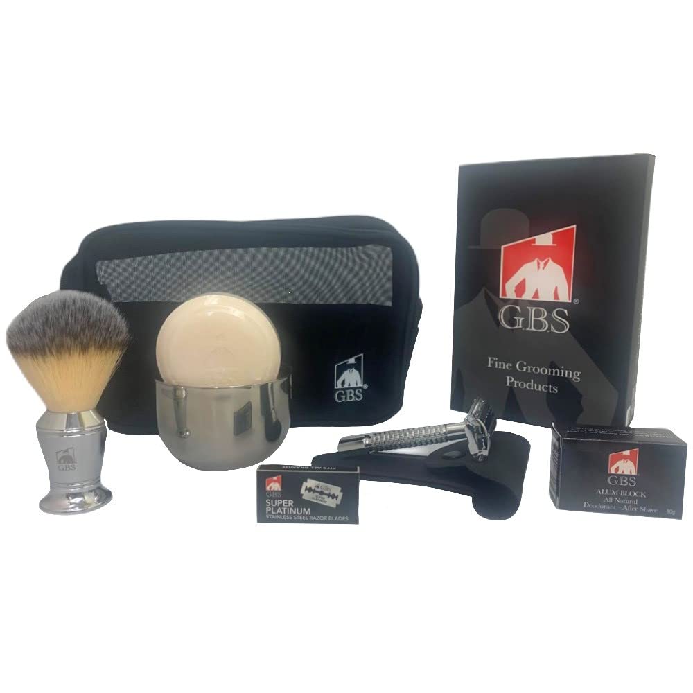 G.B.S Men Deluxe Travelling Kit, Butterfly Double Edge Safety Razor, Chrome Shaving Brush, Soap Bowl, Natural Shaving Soap with Alum Block and Mesh Beauty and Personal Care G.B.S