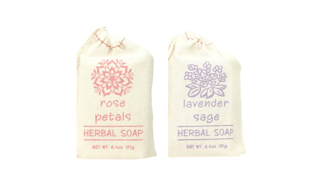 Greenwich Bay Trading Set of 2 Herbal Soaps Lavender Sage and Rose Petal - 6.4 Oz Bars Wrapped in Drawstring Cloth Sacks-Enriched with Shea Butter Beauty & Personal Care Greenwich Bay
