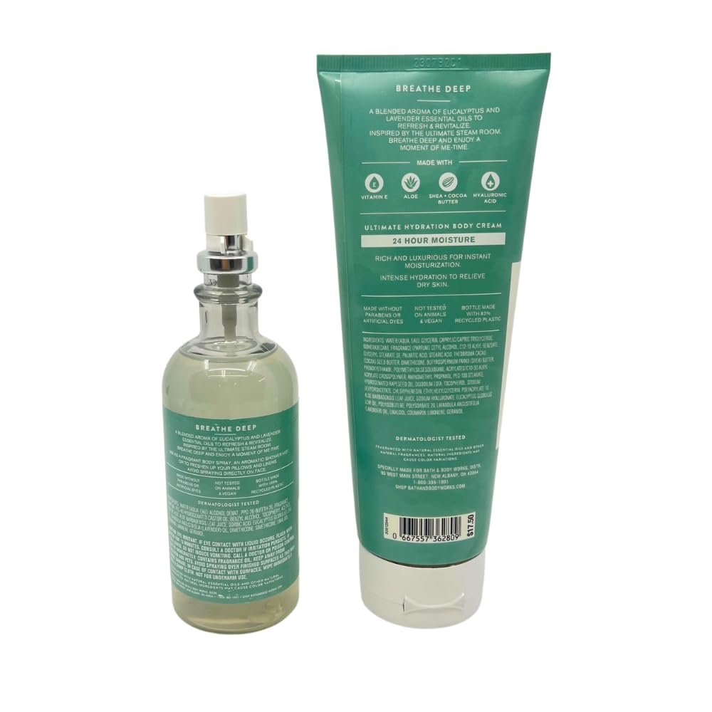 Bath and Body Works Aromatherapy Breathe Deep Eucalyptus Lavender Pillow Mist & Body Cream Gift Set Beauty & Personal Care Bath & Body Works