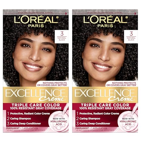 L'Oreal Paris Excellence Crème Permanent Hair Dye, Triple Care Hair Color with Hyaluronic Acid for 100% Gray Coverage, 3 Natural Black, 1 Kit (Pack Beauty & Personal Care L'Oreal Paris