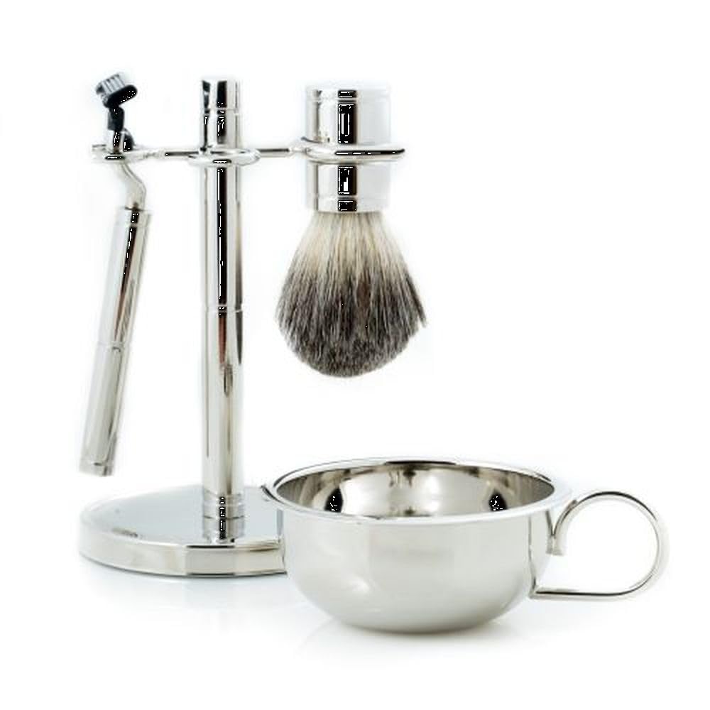 Bey-Berk Chrome Shaving Set, 4-Piece Razor and Pure Badger Brush with Soap Bowl and Stand, Compatible with Mach 3 Blades, Tarnish-Resistant Silver Beauty and Personal Care Bey-Berk