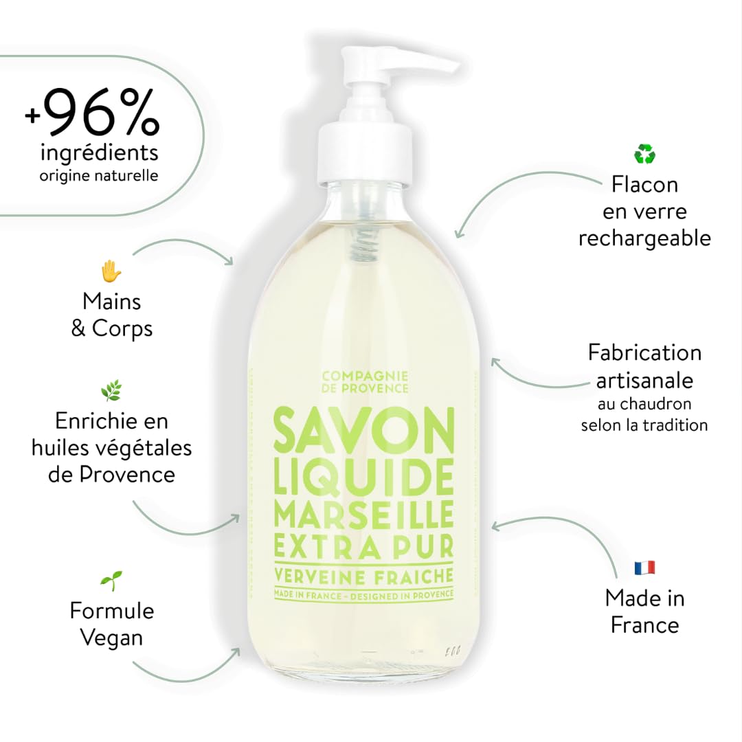 Compagnie de Provence Savon de Marseille Extra Pure Liquid Soap - Fresh Verbena - 16.7 Fl Oz Glass Pump Bottle Beauty & Personal Care La Compagnie de Provence