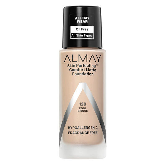 Almay Skin Perfecting Comfort Matte Foundation Liquid Makeup, Hypoallergenic, Cruelty- & Fragrance-Free, Dermatologist-Tested, 120 Cool Bisque, 1 fl