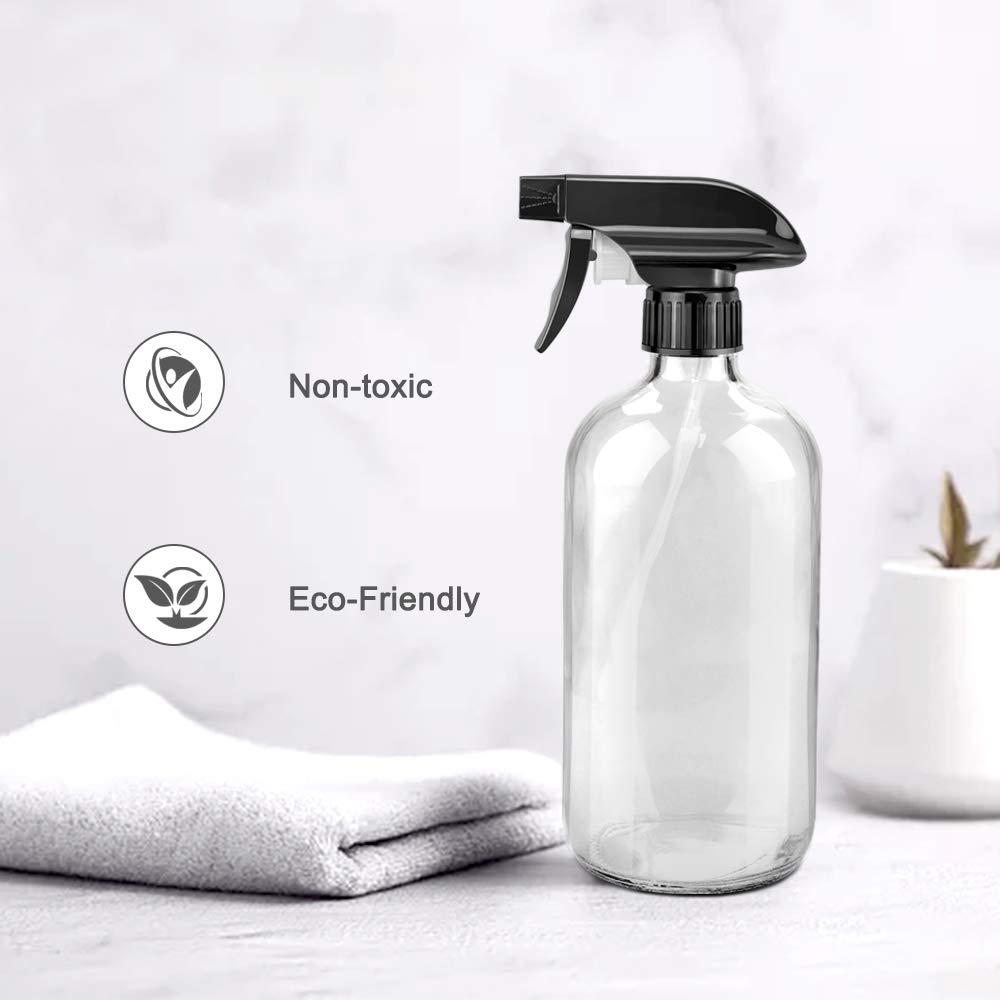 Worldgsb Glass Spray Bottles, 16oz Refillable Containers, Empty Boston Round Bottles with Labels & Adjustable Nozzle for Cleaning, Gardening Beauty and Personal Care Worldgsb